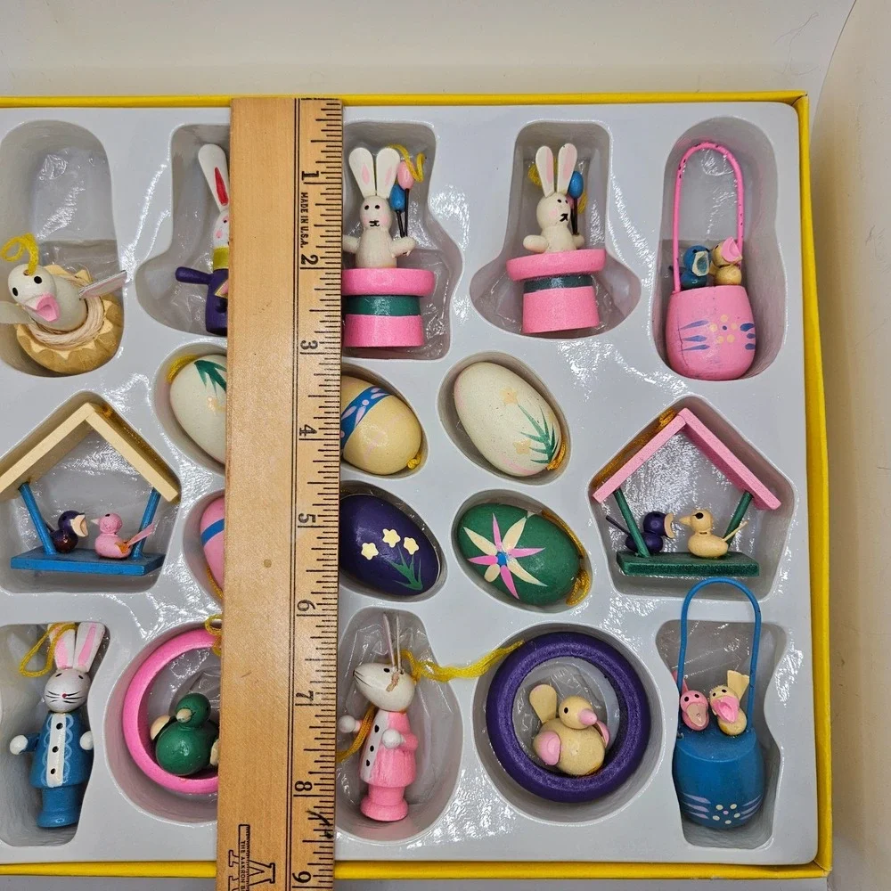 Vintage Wooden Easter Ornament Set 17 Pc Bunny Egg Bird Spring Decor Box